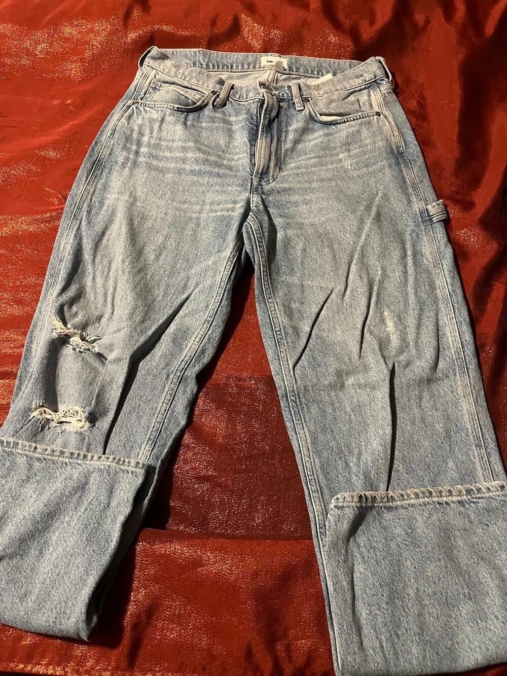 Lee x H&M Jeans Womens Light Wash Distressed Carpenter Loop Paint Splatter